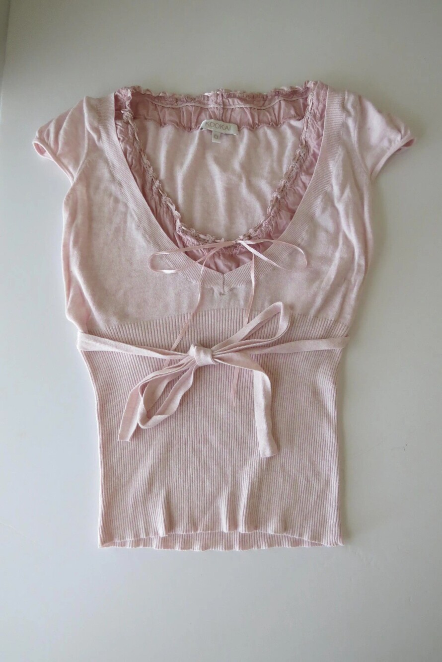 Kookai Vintage French Baby Pink Knit Top, Wrap Tie Cap Sleeve, Ruffles, France 2
